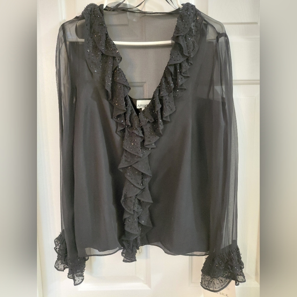 Sheer Black Ruffle Front Blouse with Bead Detail